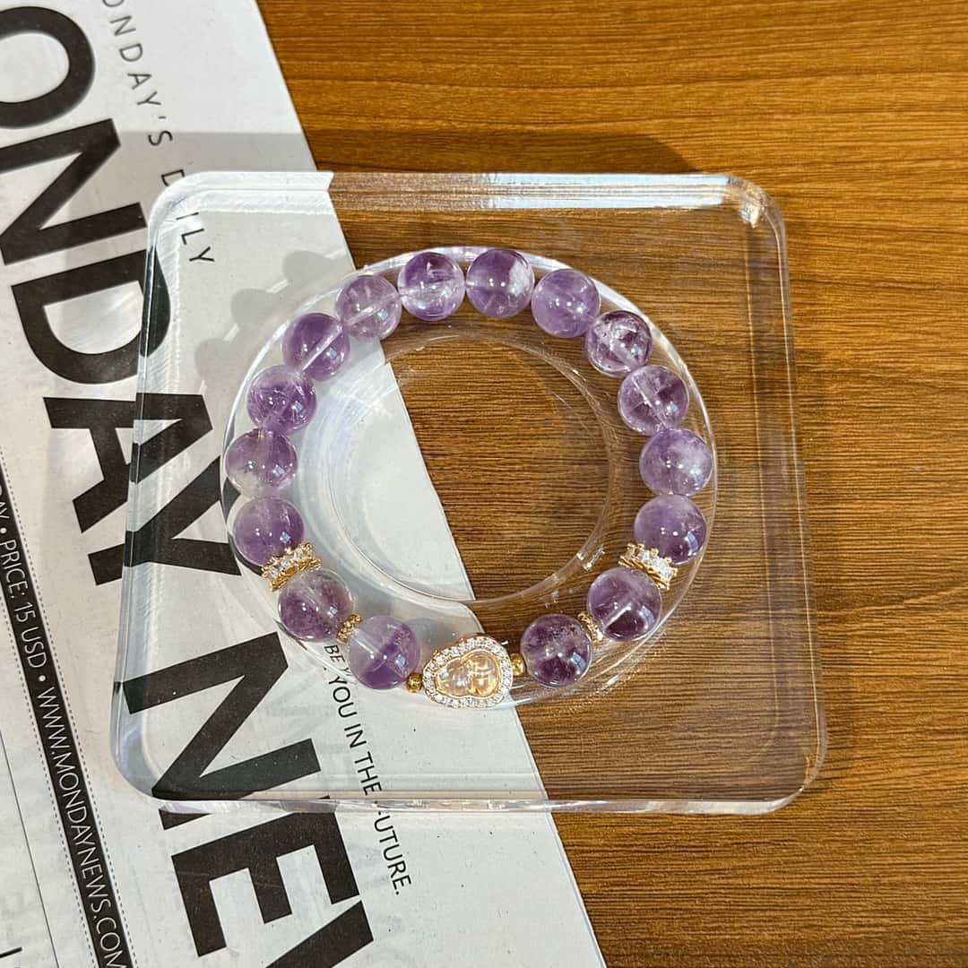 Amethyst & Golden Pyrite Bracelet with Crystal Heart Pendant – Crown Chakra Crown & Prosperity