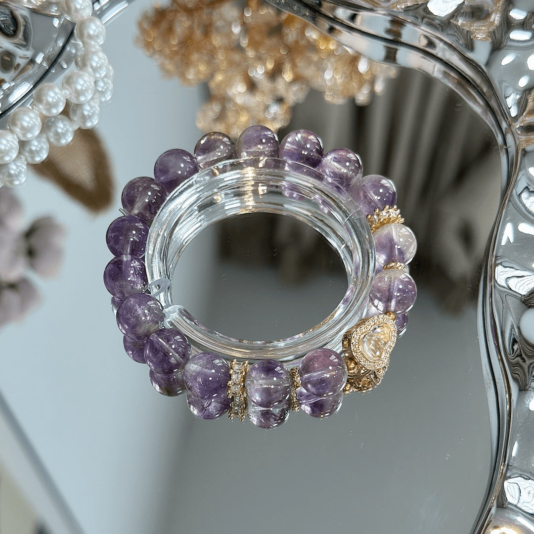 Amethyst & Golden Pyrite Bracelet with Crystal Heart Pendant – Crown Chakra Crown & Prosperity