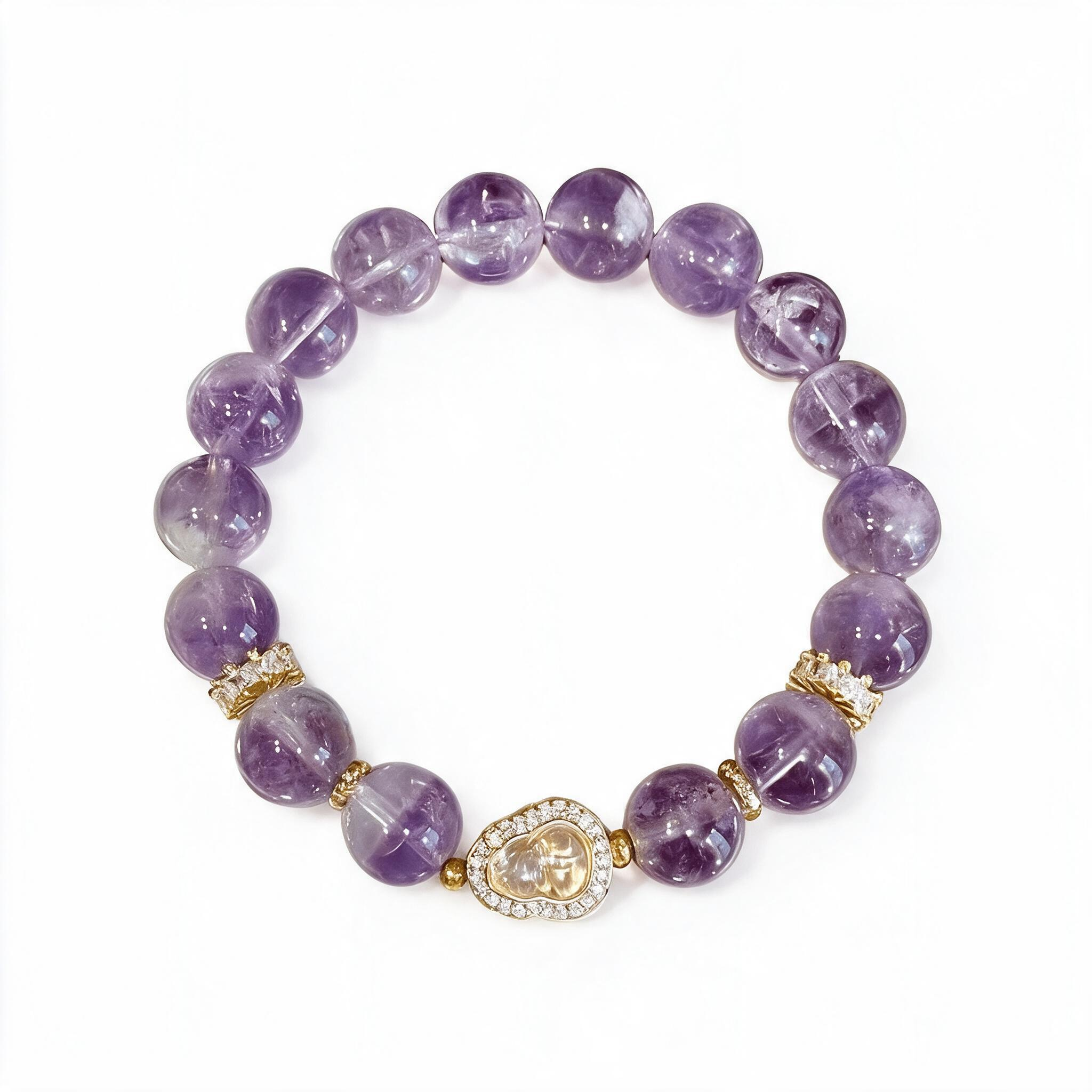 Amethyst & Golden Pyrite Bracelet with Crystal Heart Pendant – Crown Chakra Crown & Prosperity