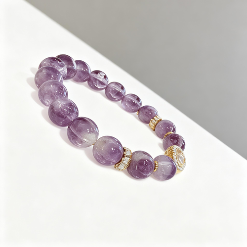 Amethyst & Golden Pyrite Bracelet with Crystal Heart Pendant – Crown Chakra Crown & Prosperity