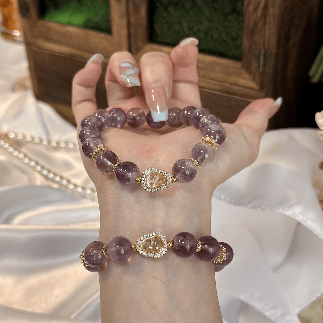 Amethyst & Golden Pyrite Bracelet with Crystal Heart Pendant – Crown Chakra Crown & Prosperity